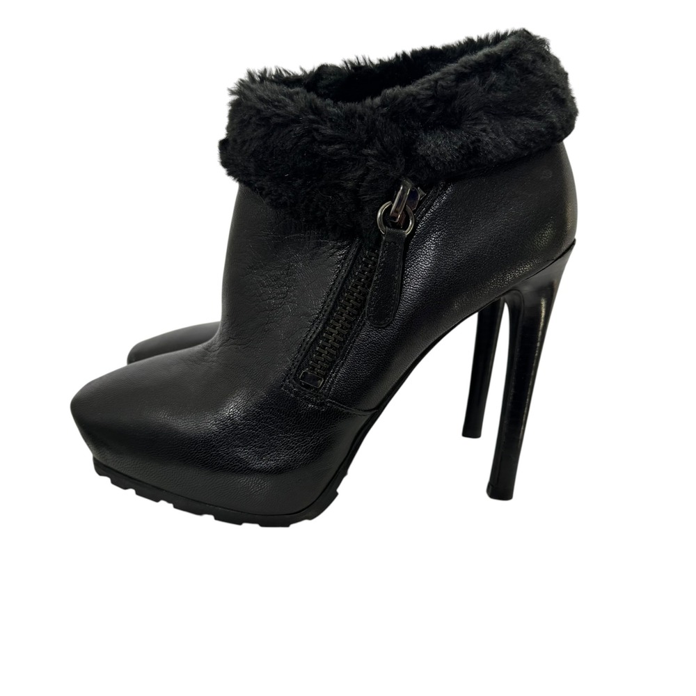 Guess Womens Black Leather Glam Faux Fur Trim Stiletto Platform Ankle Boots 6.5